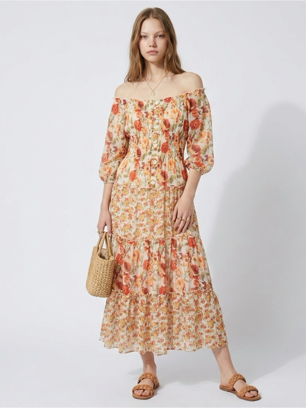 Figueroa & Flower Anthropologie Womens Small Floral Tiered Midi Dress FLAWS Boho